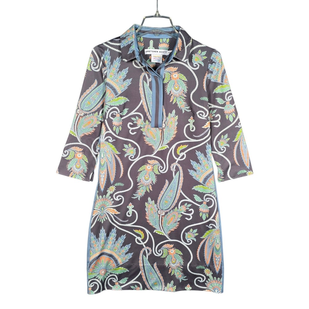 Gretchen Scott Shirt Dress Women's Small Jersey Everywhere Paisley Gray Stretch